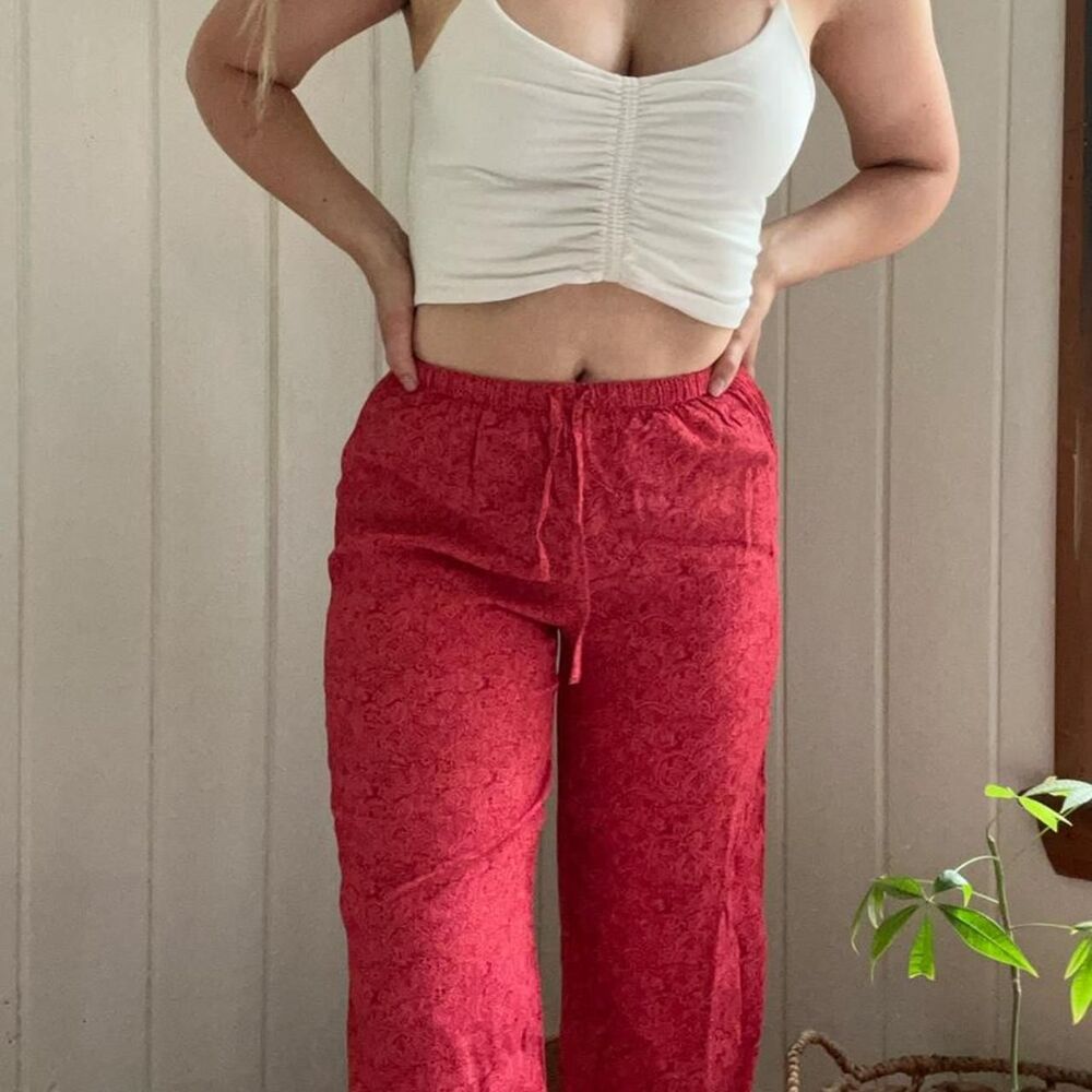 Vintage Boho Wide Leg Pants - Pink and Red Flowy Patterned Trousers